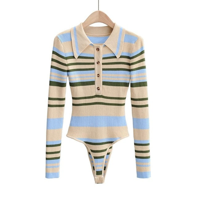 90'S Vintage Knitted Striped Bodysuit Top