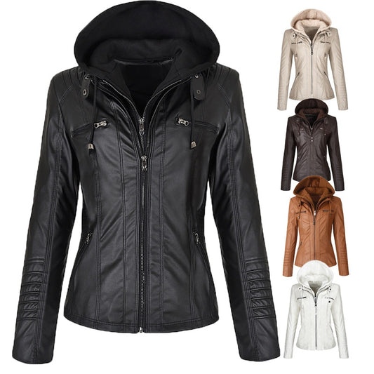 Hooded Faux Leather Motorcycle Jacket