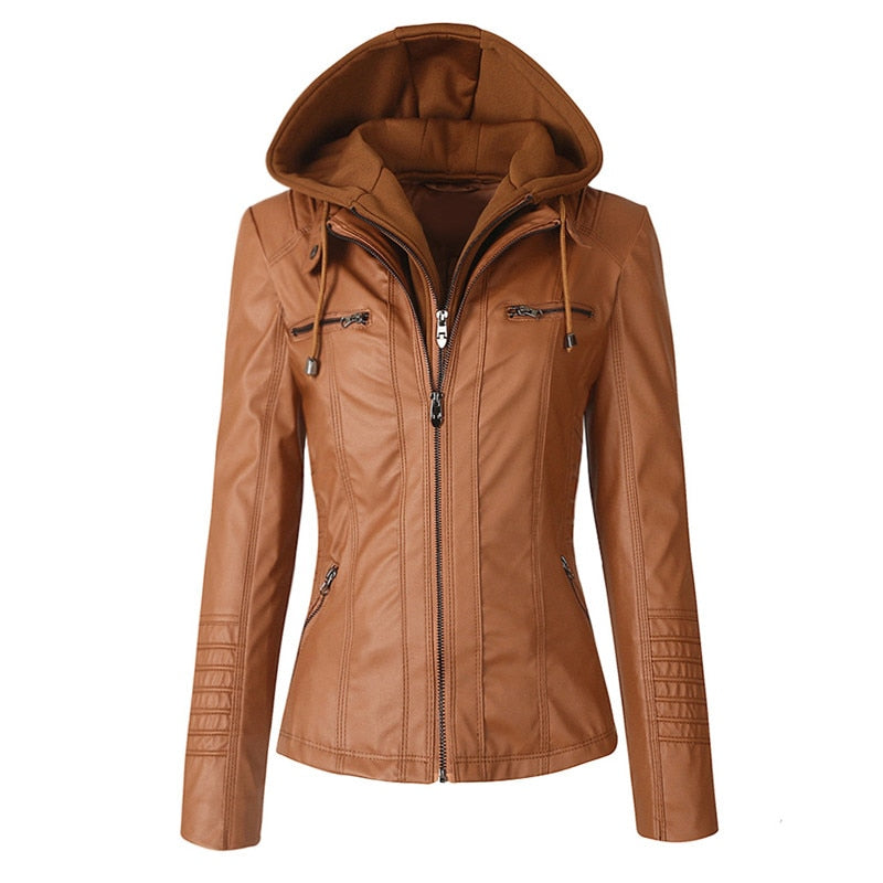 Hooded Faux Leather Motorcycle Jacket