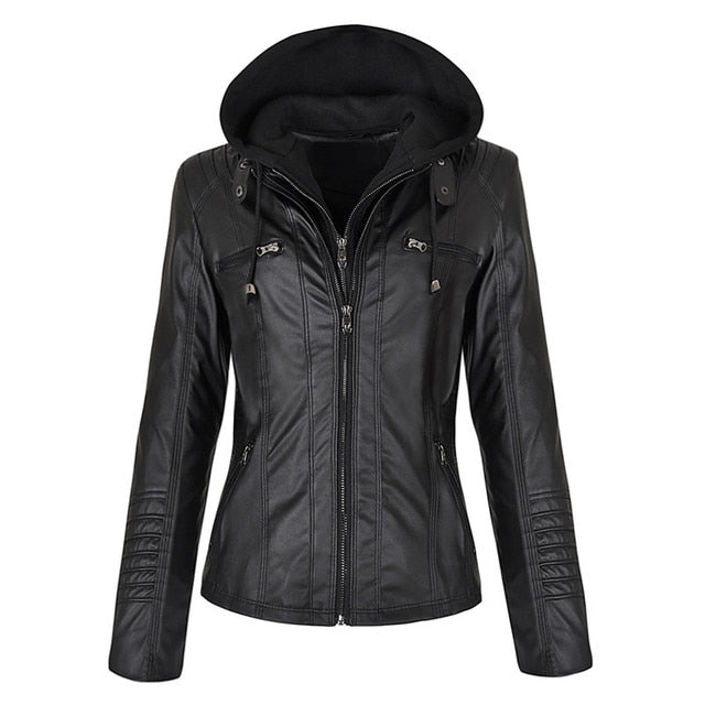 Hooded Faux Leather Motorcycle Jacket