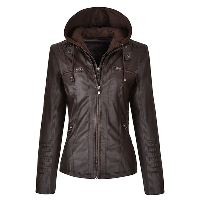 Hooded Faux Leather Motorcycle Jacket