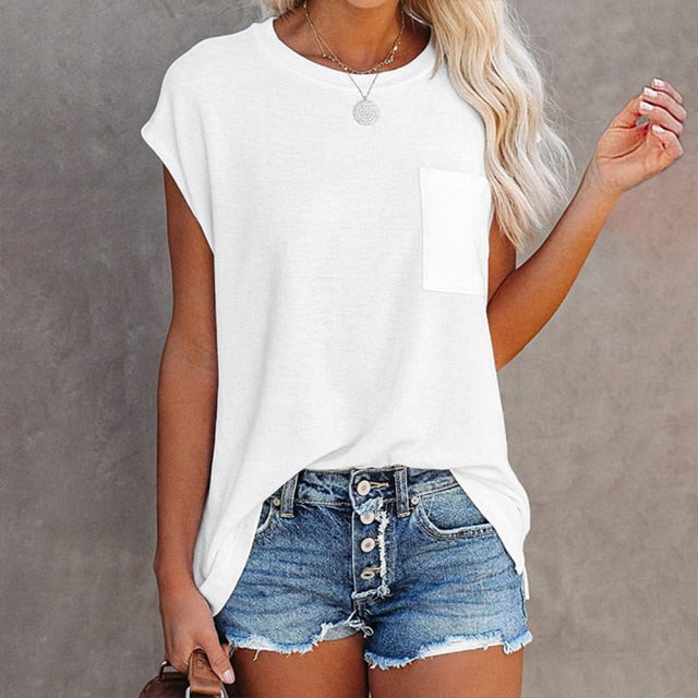 Pocket O-neck Loose T Shirt