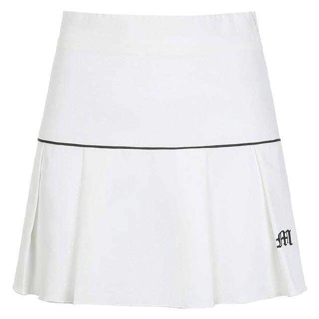 White Pleated Embroidery Mini Tennis Skirt