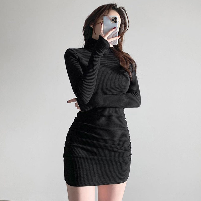 Winter Ribbed Knit Turtleneck Bodycon Dress