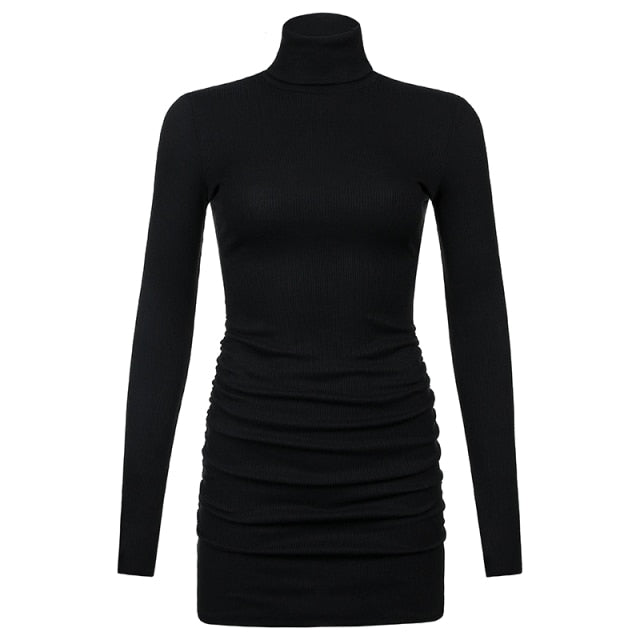 Winter Ribbed Knit Turtleneck Bodycon Dress