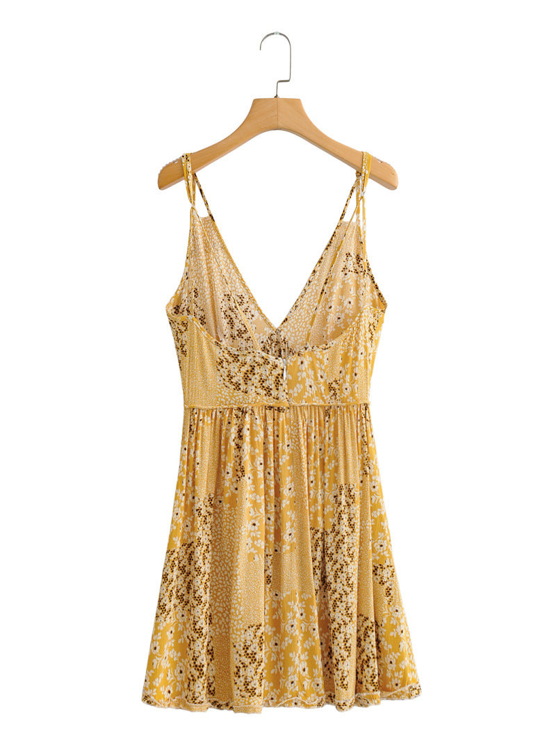 Low Cut Yellow Floral Print Dress