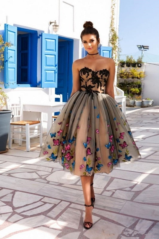 Black and Champagne Tulle Butterflies Dress