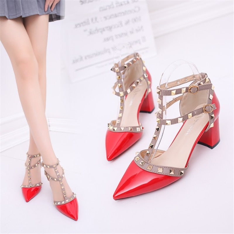 Pointed Patent Leather Rivet Buckle Pumps