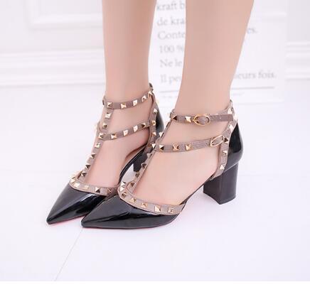 Pointed Patent Leather Rivet Buckle Pumps