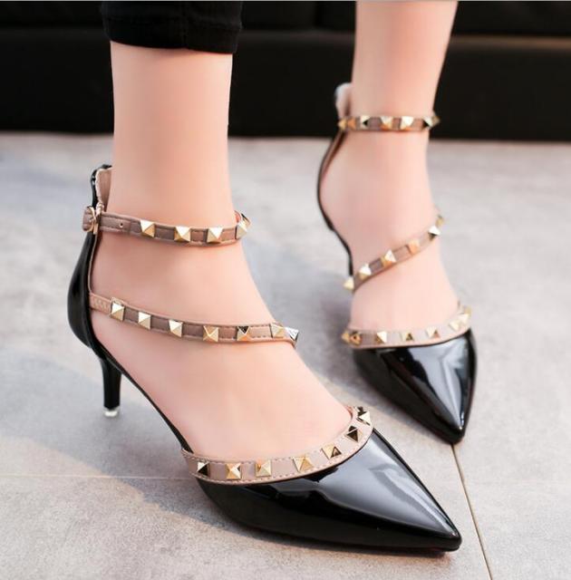 Pointed Patent Leather Rivet Buckle Pumps