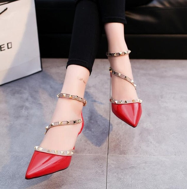 Pointed Patent Leather Rivet Buckle Pumps