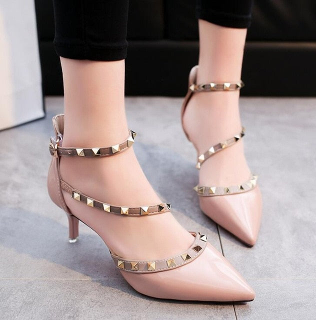 Pointed Patent Leather Rivet Buckle Pumps