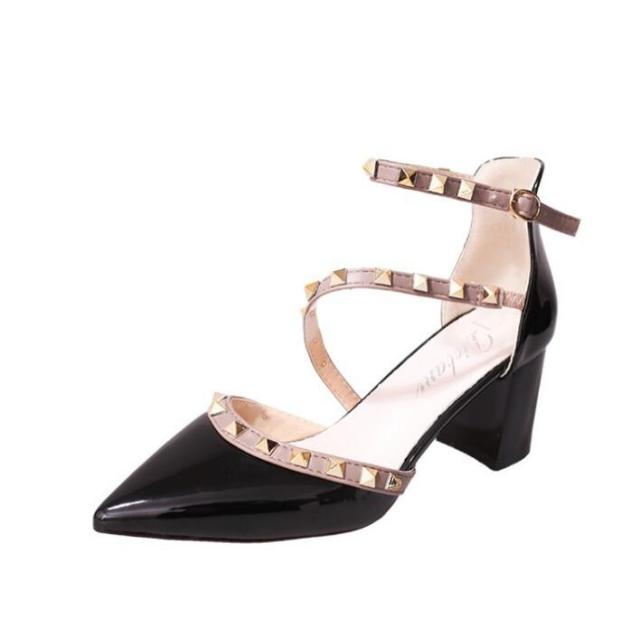 Pointed Patent Leather Rivet Buckle Pumps