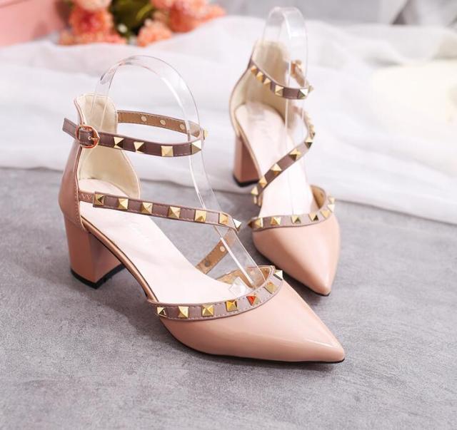 Pointed Patent Leather Rivet Buckle Pumps