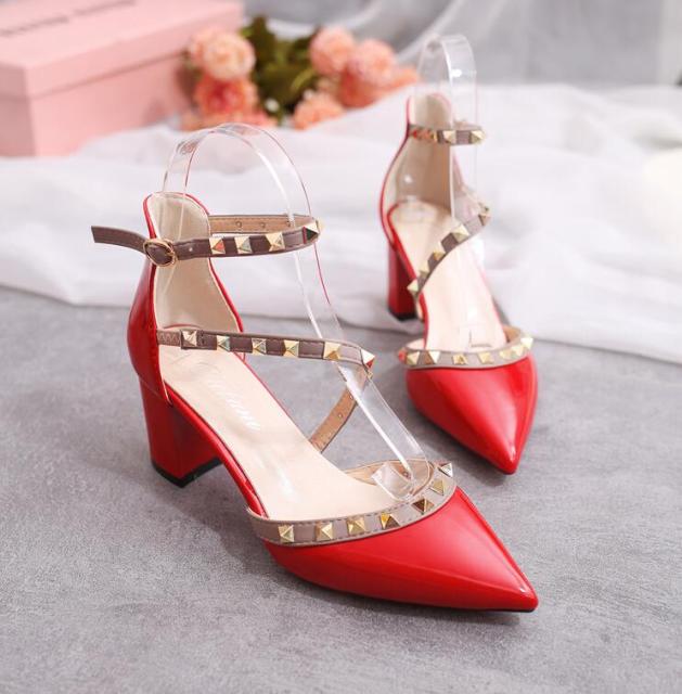 Pointed Patent Leather Rivet Buckle Pumps