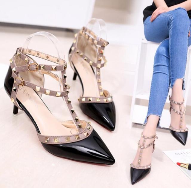 Pointed Patent Leather Rivet Buckle Pumps