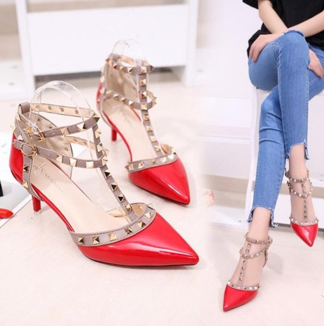 Pointed Patent Leather Rivet Buckle Pumps