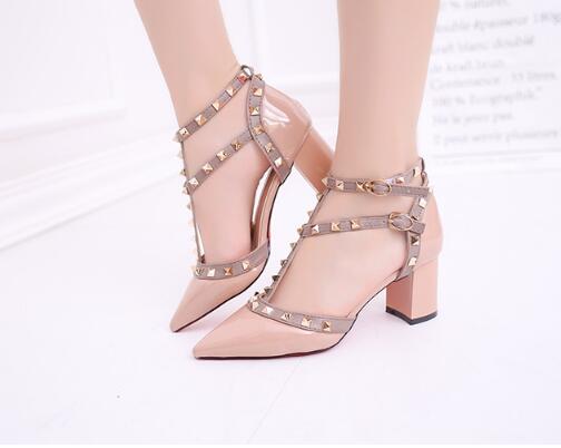 Pointed Patent Leather Rivet Buckle Pumps