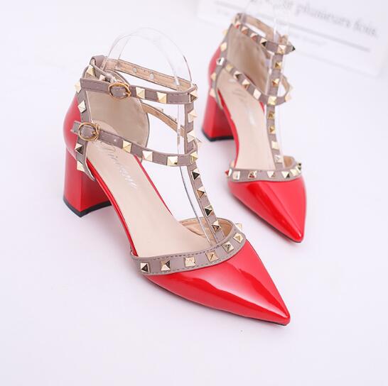 Pointed Patent Leather Rivet Buckle Pumps