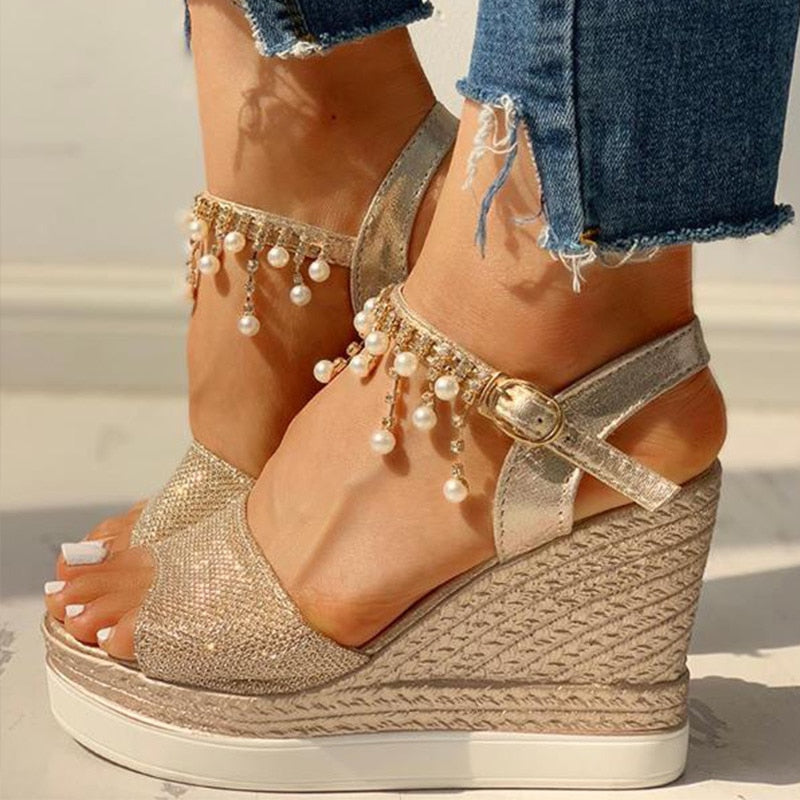 Summer Bead Studded Platform Wedges