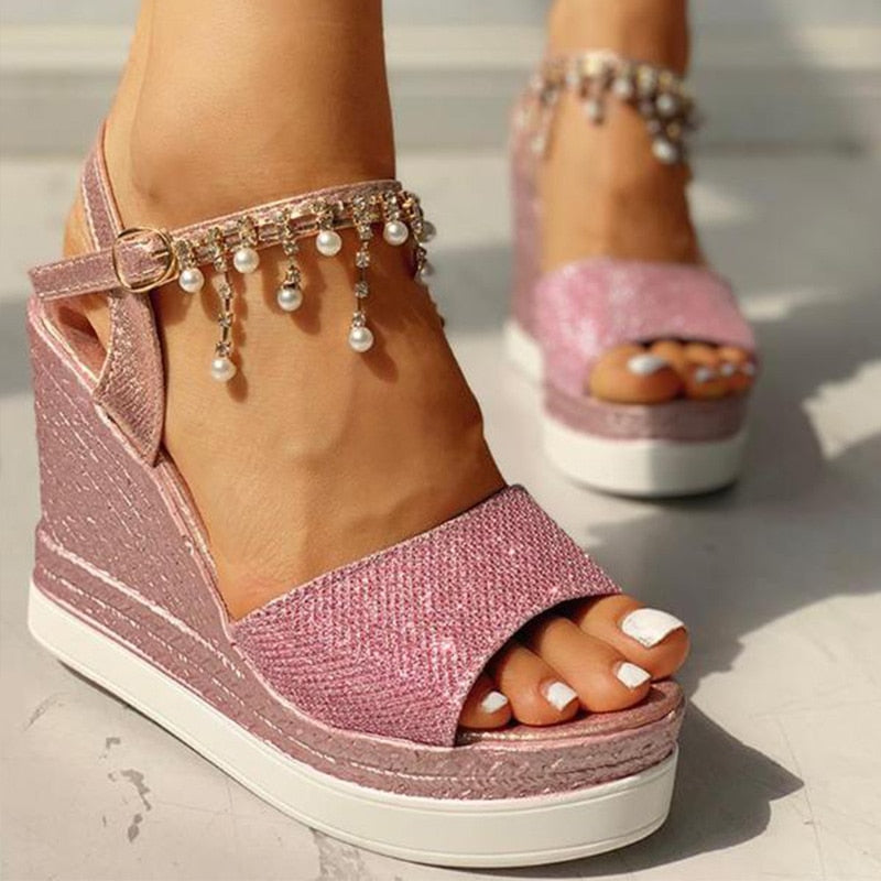 Summer Bead Studded Platform Wedges