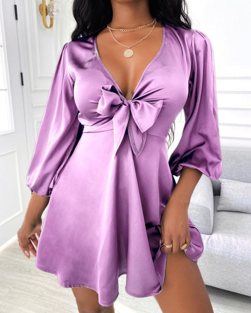 Mini Satin Puff Sleeve Plunge Tie Front Dress