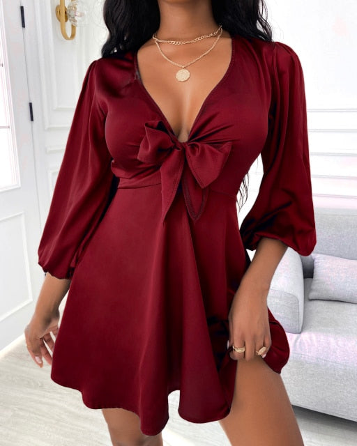 Mini Satin Puff Sleeve Plunge Tie Front Dress