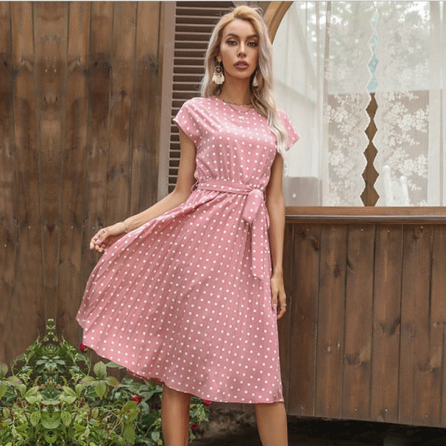 Ashley Dots Cap Sleeve Pleated Dress