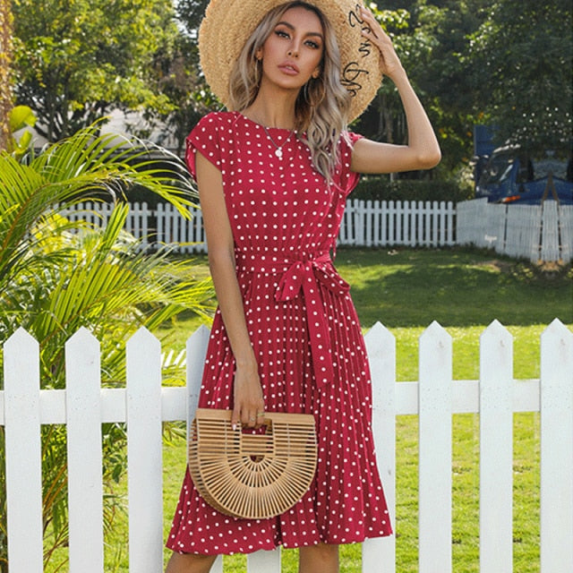 Ashley Dots Cap Sleeve Pleated Dress