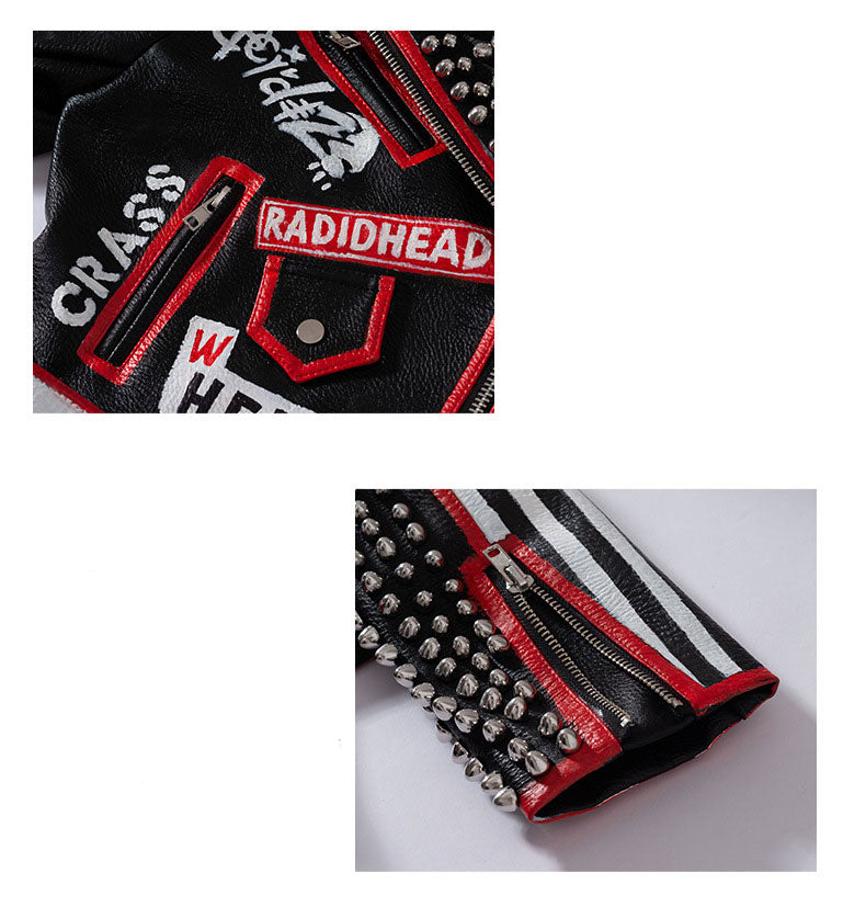 Faux Leather Graffiti Studded Moto Jacket