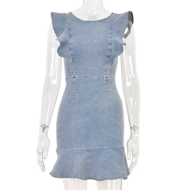 Denim Ruffle Butterfly Sleeve Dress