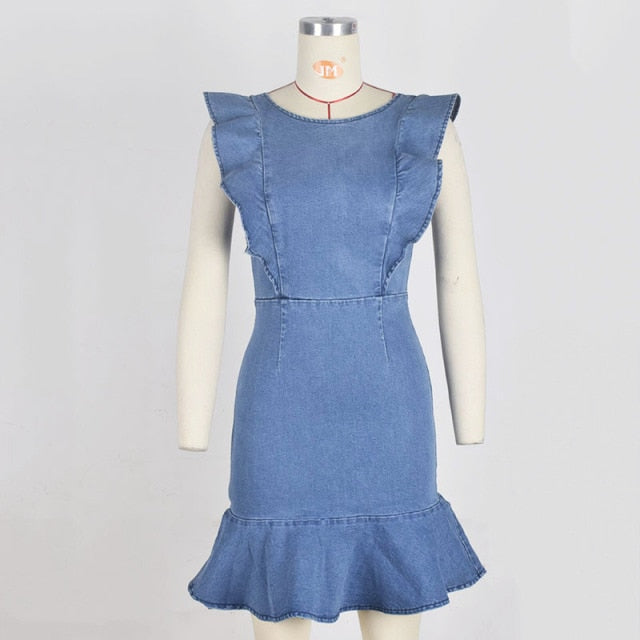 Denim Ruffle Butterfly Sleeve Dress