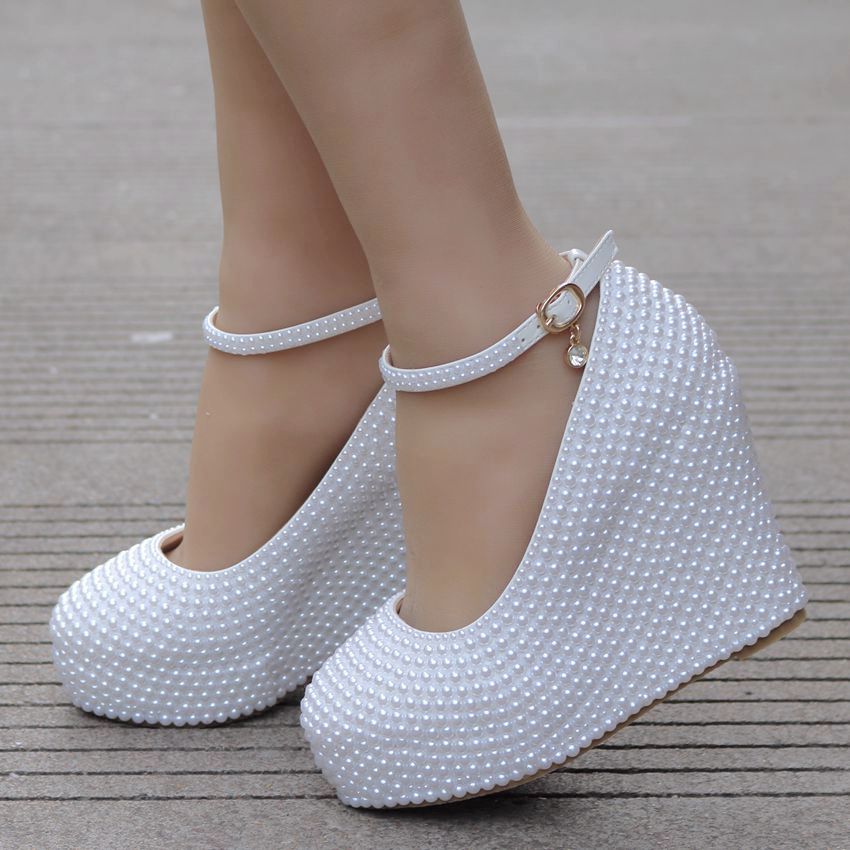 White & Ivory Pearl Rhinestone Platform Wedges