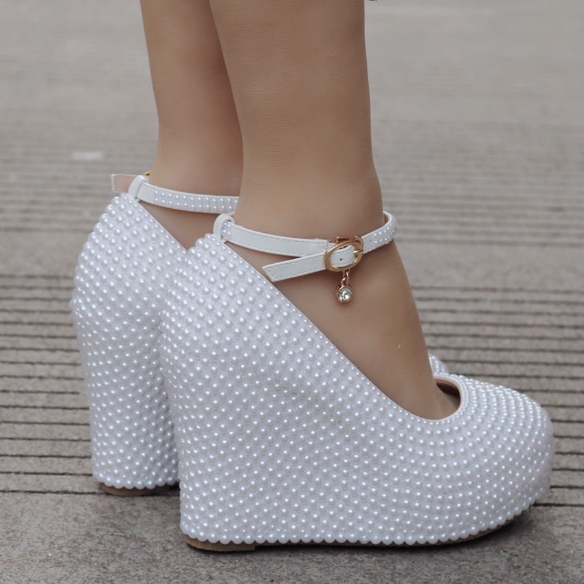 White & Ivory Pearl Rhinestone Platform Wedges