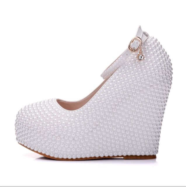 White & Ivory Pearl Rhinestone Platform Wedges