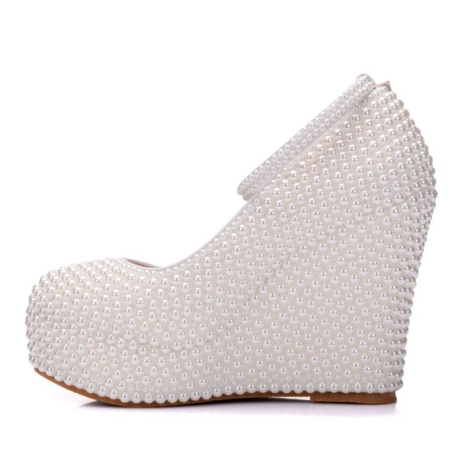 White & Ivory Pearl Rhinestone Platform Wedges