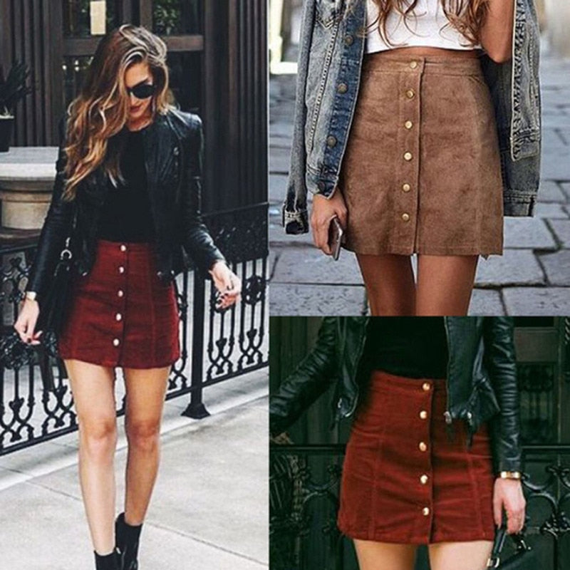 High Waist Button-up Suede Skirt