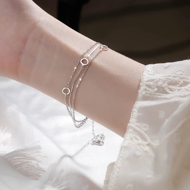 Silver Link Chain Circle Charm Bracelet