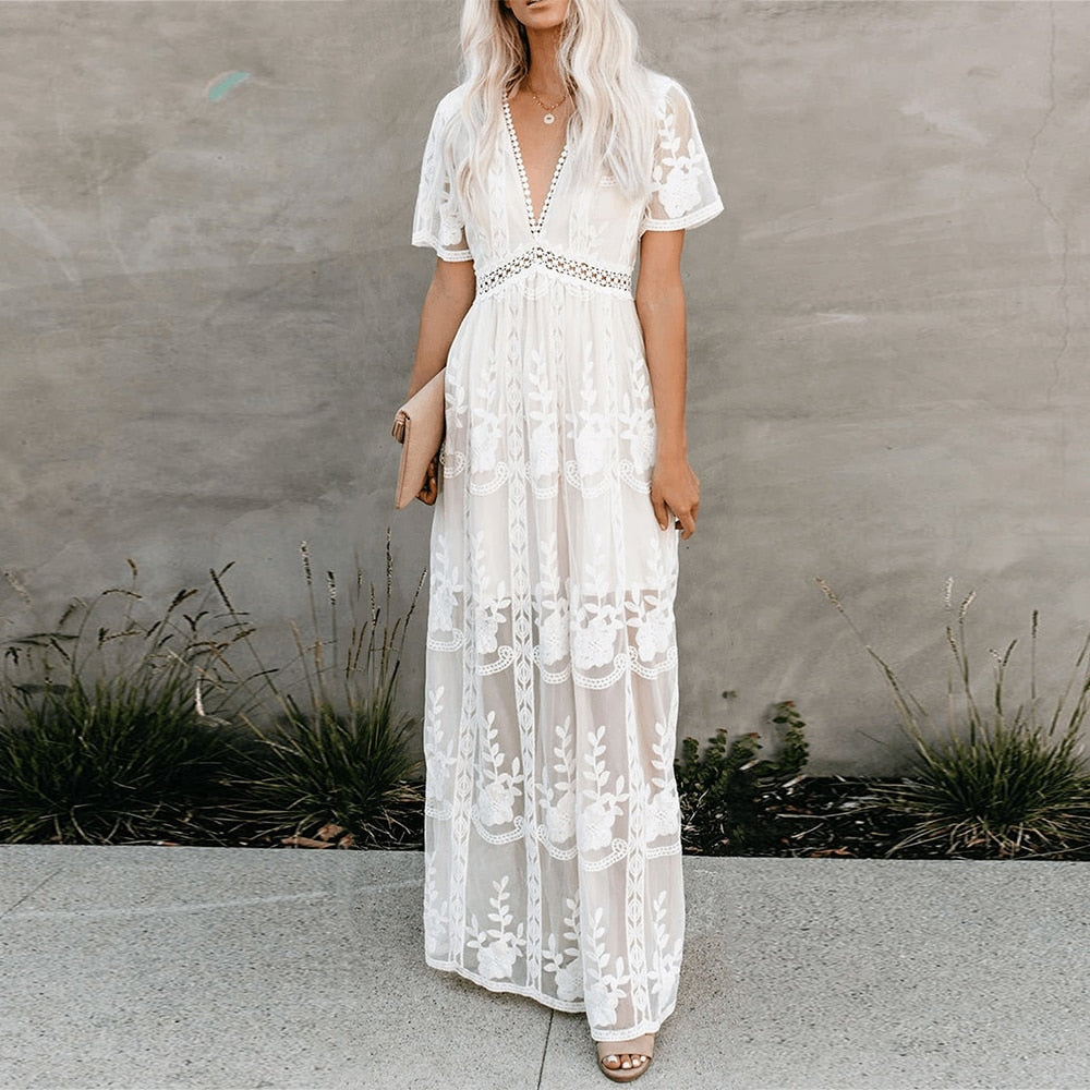 Boho White Lace Dress (long)