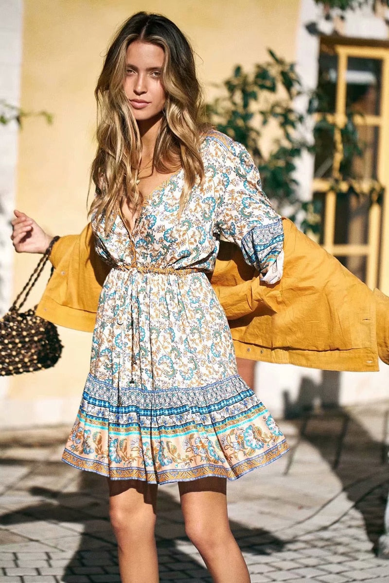 Sashes Floral Flare Sleeve Boho Dress