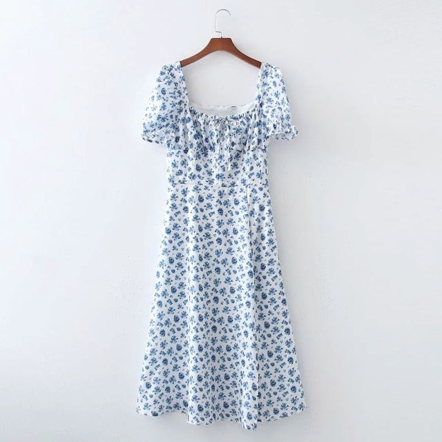 Puff Sleeve A-line Blue Sundress