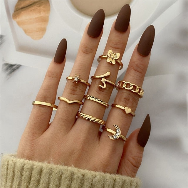 Bohemian Gold Chain Rings Set