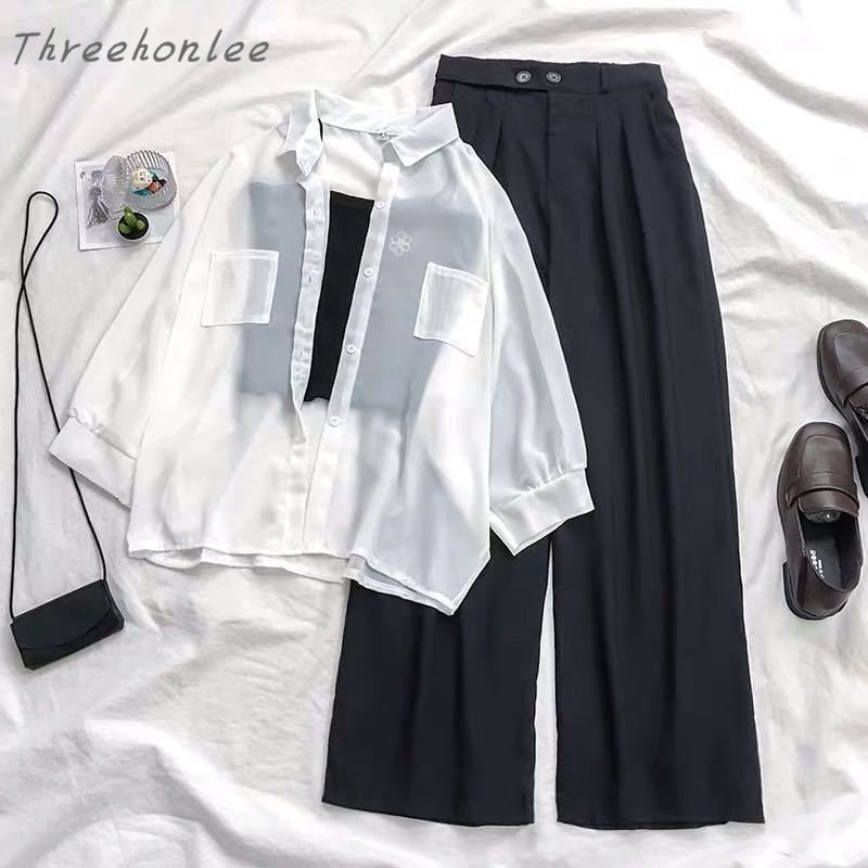 Three Piece Set Chiffon Shirt, black top , and Wide Leg Pants