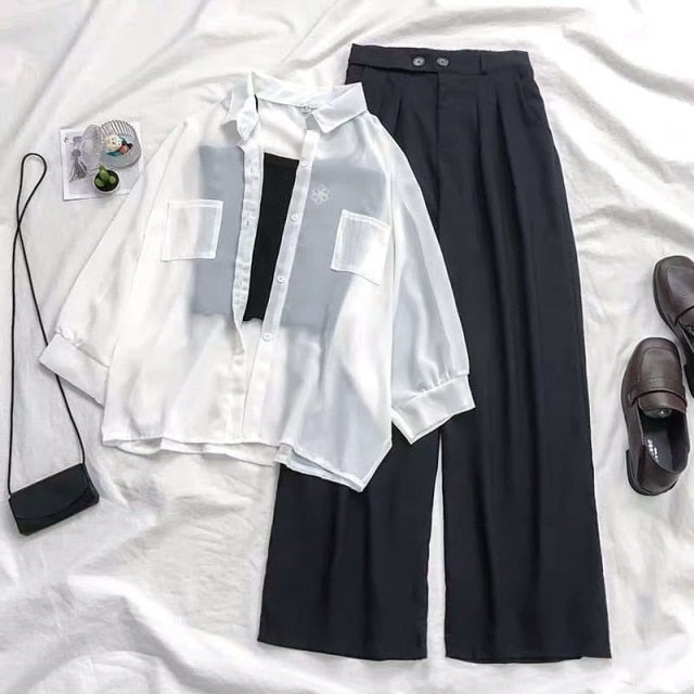 Three Piece Set Chiffon Shirt, black top , and Wide Leg Pants