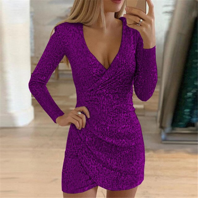 Deep V Neck Sequined Mini Skinny Dress