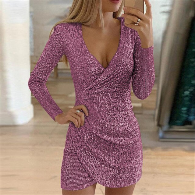 Deep V Neck Sequined Mini Skinny Dress