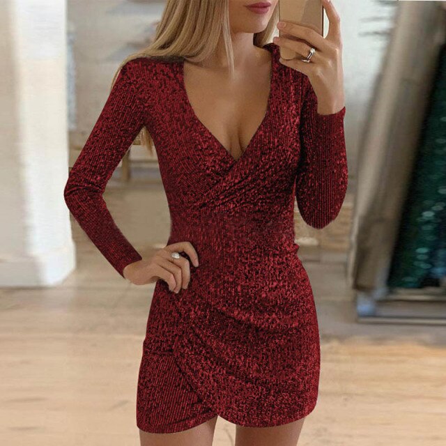 Deep V Neck Sequined Mini Skinny Dress