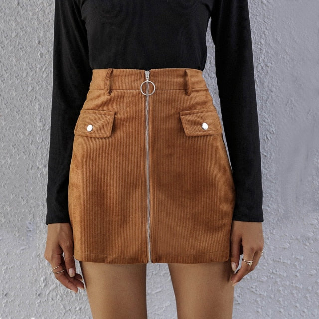 Solid Corduroy Zipper High Mini Waist Skirt