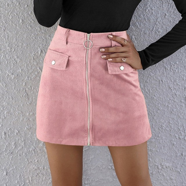 Solid Corduroy Zipper High Mini Waist Skirt