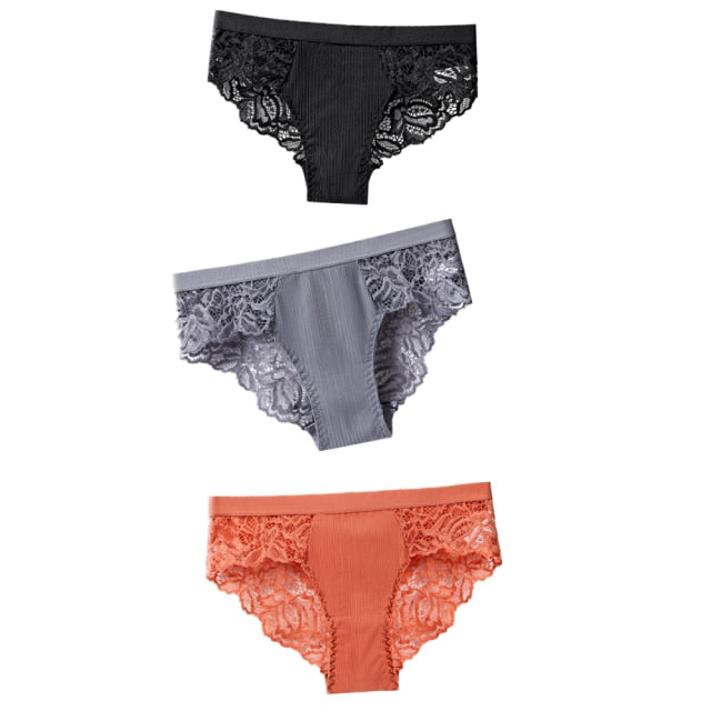 3 Pcs Lace & Cotton Brief Panties